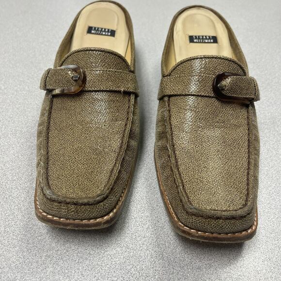 Stuart Weitzman Tan Loafers Square Toe Block Heel Slip On Mule Women Size 8 AA - Picture 5 of 10